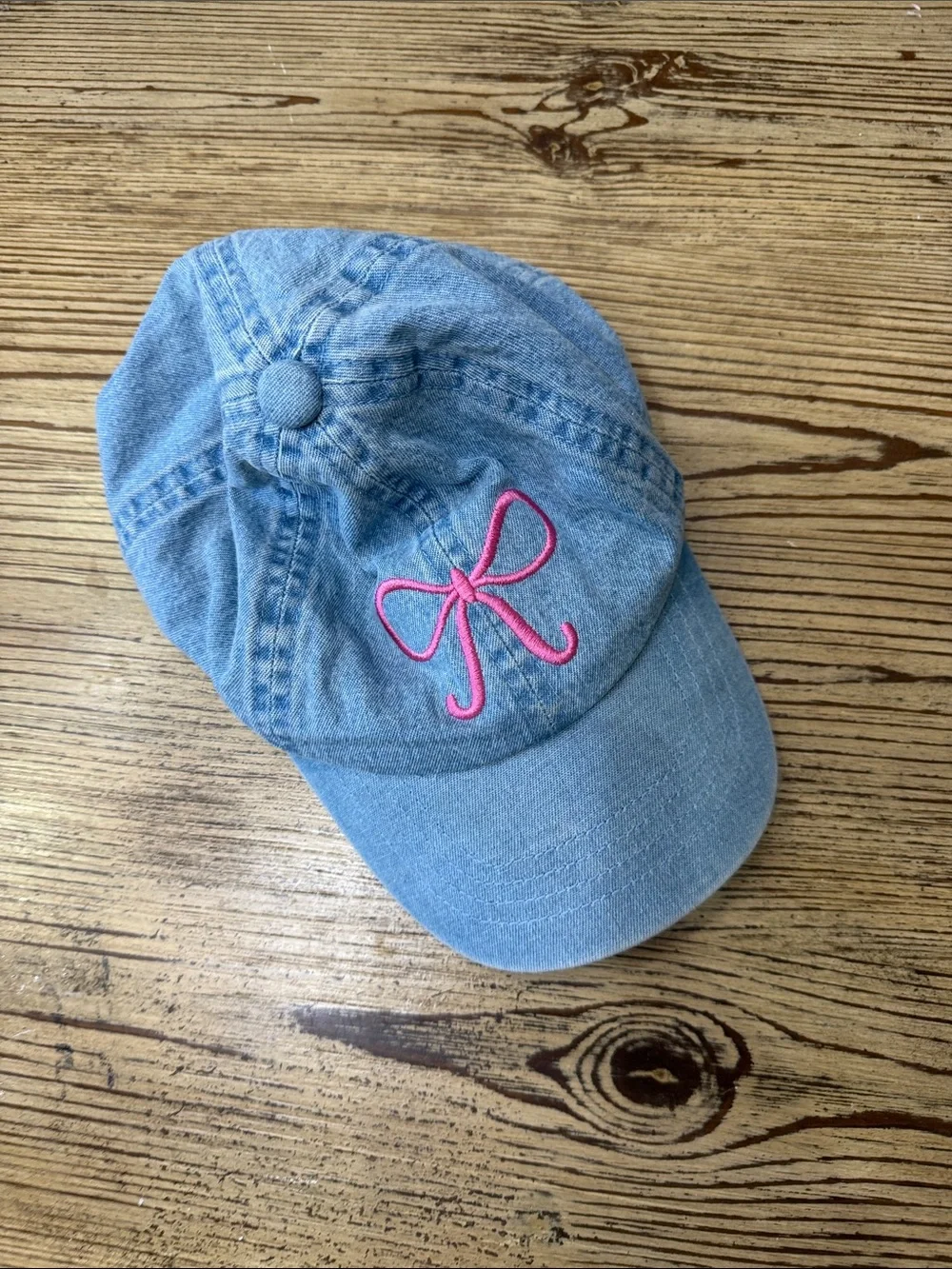 Kids Light Blue Denim Cap with Pink Bow Embroidery